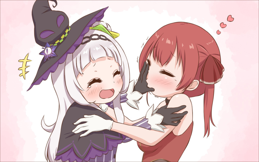+++, 2girls, ^_^, blush, chibi, closed_eyes, facing_another, hat