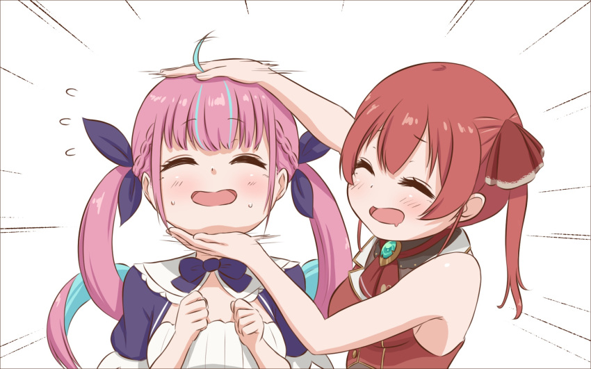 2girls, ^_^, blush, chibi, closed_eyes, facing_another, flying_sweatdrops, hand_on_another's_head