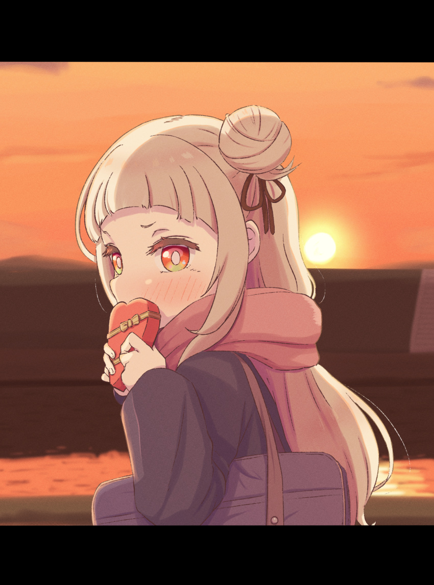 1girl, bag, bangs, black_ribbon, blazer, blunt_bangs, blush, commentary_request
