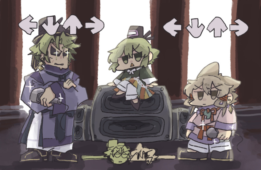 1boy, 2girls, andonkurage, arrow_(symbol), bangs, black_eyes, black_headwear, black_ribbon