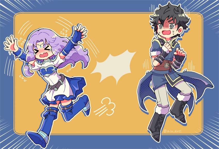 1boy, 1girl, crying, fire_emblem, fire_emblem:_awakening, fire_emblem:_kakusei, fire_emblem:_rekka_no_ken, fire_emblem:_the_blazing_blade, florina_(fire_emblem), lonqu, purple_hair, running_away, startled