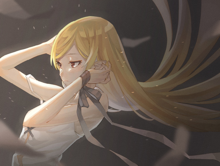 1girl, arms_up, bandaged_arm, bandages, bare_shoulders, blonde_hair, floating_hair, hair_ornament