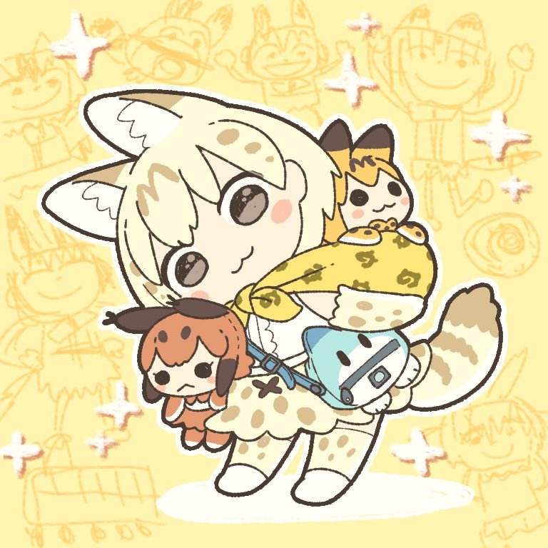 1girl, :3, animal_ears, bare_shoulders, brown_eyes, caracal_(kemono_friends), character_doll, elbow_gloves