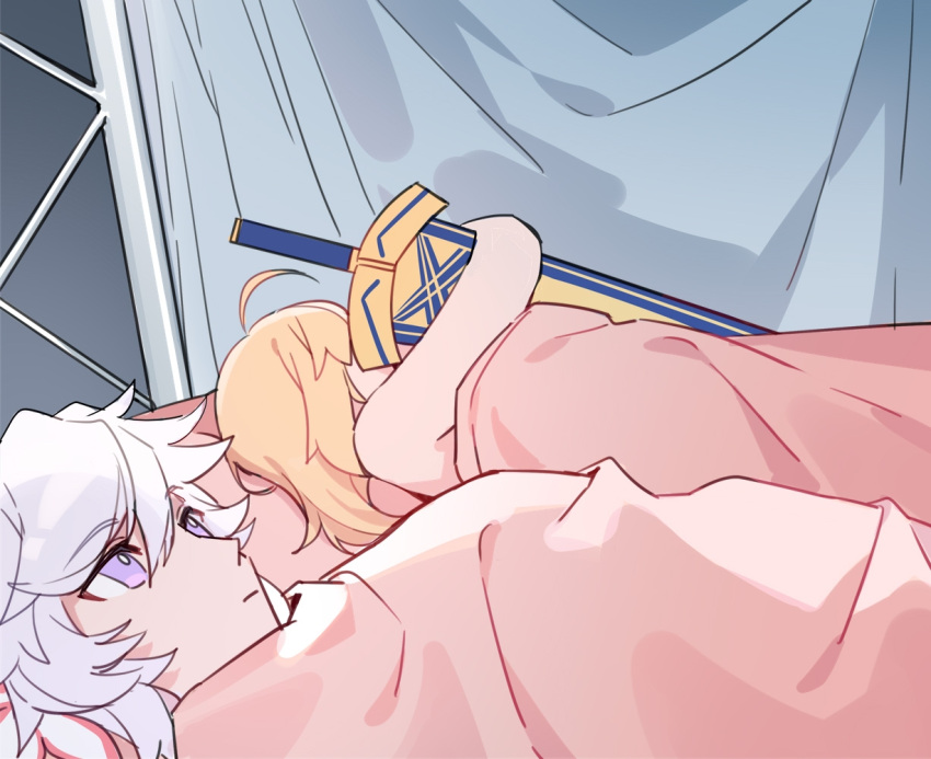 1boy, 1girl, 500_dollar_four_foot_tall_mareep, artoria_pendragon_(all), bed, blanket, blonde_hair, excalibur_(fate/stay_night)