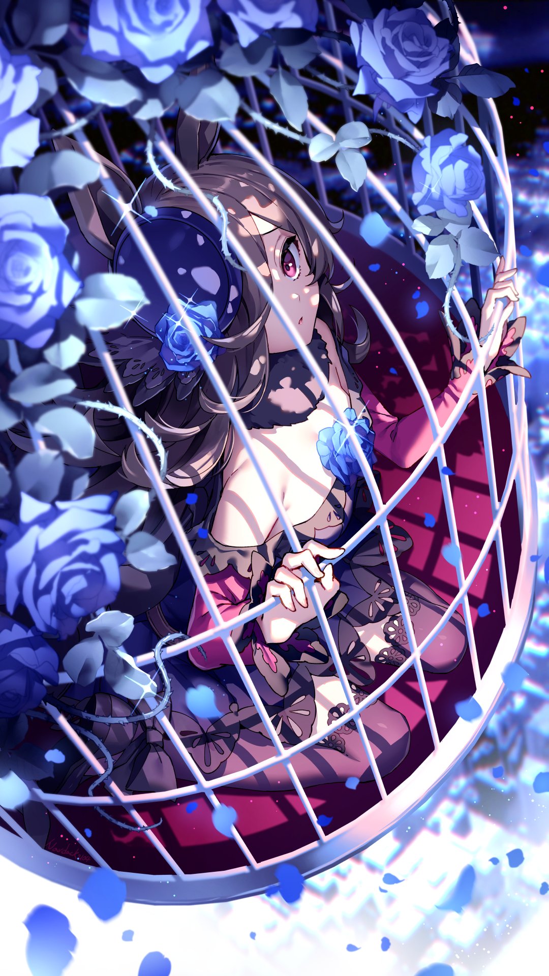 1girl, animal_ears, bangs, birdcage, blue_flower, blue_rose, breasts, brown_hair, brown_legwear, cage, commentary, dress, flower, full_body, fur_collar, hair_over_one_eye, hat, hat_flower, highres, holding, holding_bars, horse_ears, horse_girl, in_cage, long_hair, long_sleeves, looking_at_viewer, nardack, off-shoulder_dress, off_shoulder, parted_lips, purple_dress, purple_headwear, red_eyes, red_sleeves, rice_shower_(umamusume), rose, sitting, solo, thigh-highs, umamusume, wariza