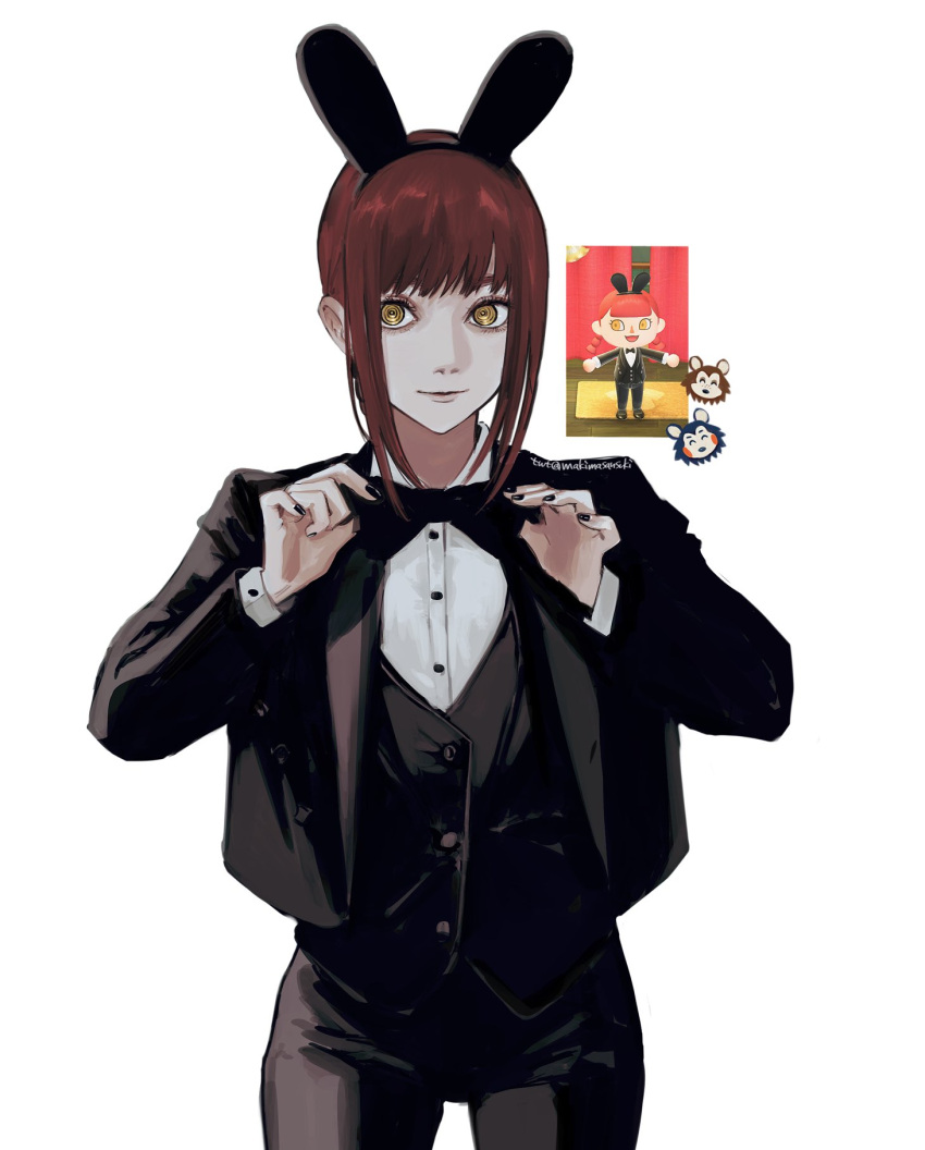 3girls, adjusting_neckwear, alternate_costume, animal_crossing, animal_ears, black_jacket, black_nails, black_neckwear, black_pants, bow, bowtie, chainsaw_man, closed_mouth, collared_shirt, commentary, cowboy_shot, crossover, dress_shirt, eyelashes, fake_animal_ears, highres, inset, jacket, light_smile, lips, long_sleeves, looking_at_viewer, mabel_able_(animal_crossing), makima_(chainsaw_man), makimasansuki, medium_hair, multiple_girls, nail_polish, pants, rabbit_ears, redhead, ringed_eyes, sable_able_(animal_crossing), shirt, sidelocks, simple_background, solo_focus, tuxedo, twitter_username, waistcoat, white_background, white_shirt, yellow_eyes