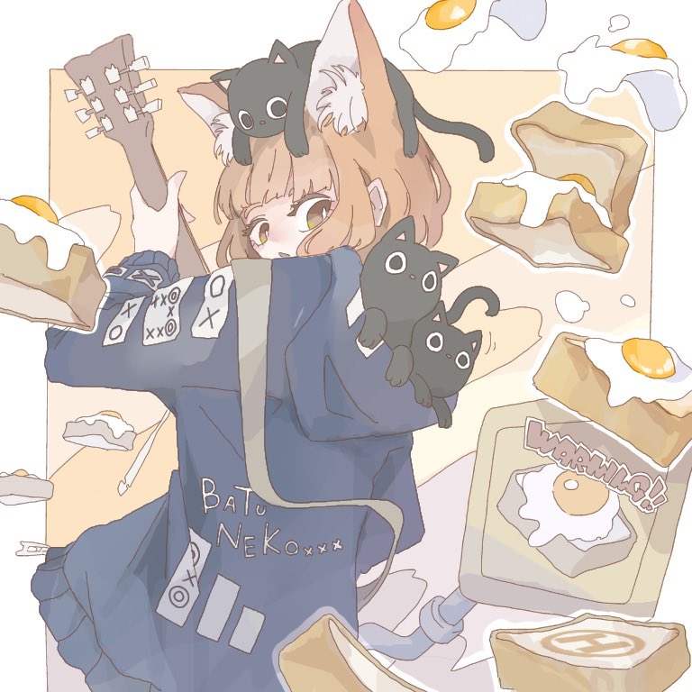 1girl, animal_ears, black_cat, borrowed_character, brown_eyes, brown_hair, cat, cat_ears, egg_toast_girl_(haru57928031), floating, food, fried_egg, fried_egg_on_toast, from_behind, guitar, holding, holding_instrument, hood, hood_down, instrument, long_sleeves, looking_at_viewer, looking_back, original, outline, short_hair, solo, thumpthum, upper_body, white_outline