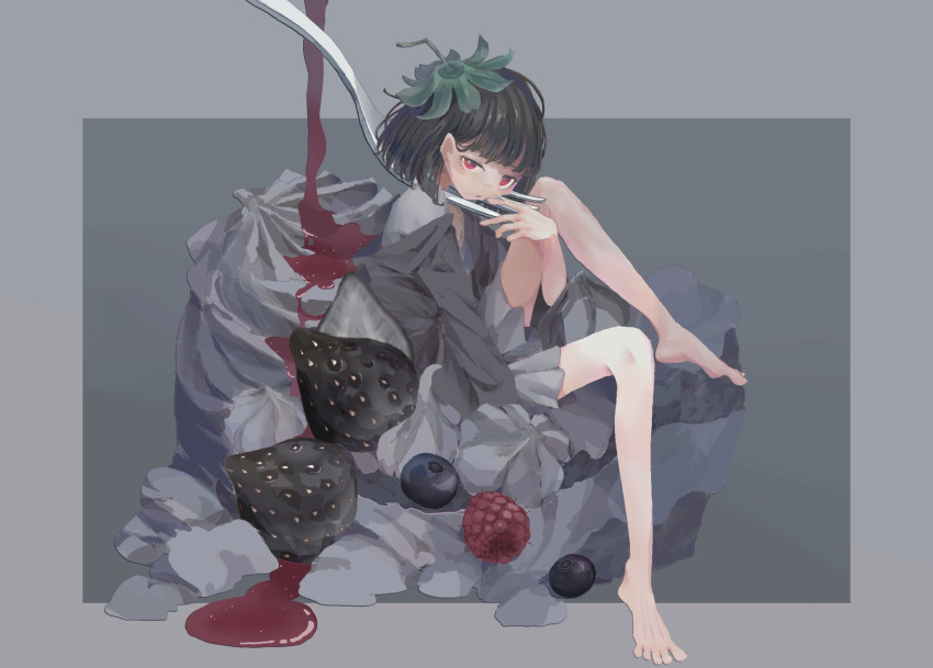 1girl, bangs, bare_legs, barefoot, black_hair, blueberry, blunt_bangs, cake, food, fork, fruit, grey_skirt, highres, leg_up, long_sleeves, looking_at_viewer, miniskirt, original, pleated_skirt, raspberry, red_eyes, short_hair, skirt, solo, strawberry, syrup, thumpthum
