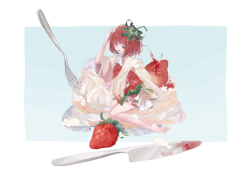 1girl, aqua_background, bangs, bare_legs, barefoot, cake, food, fork