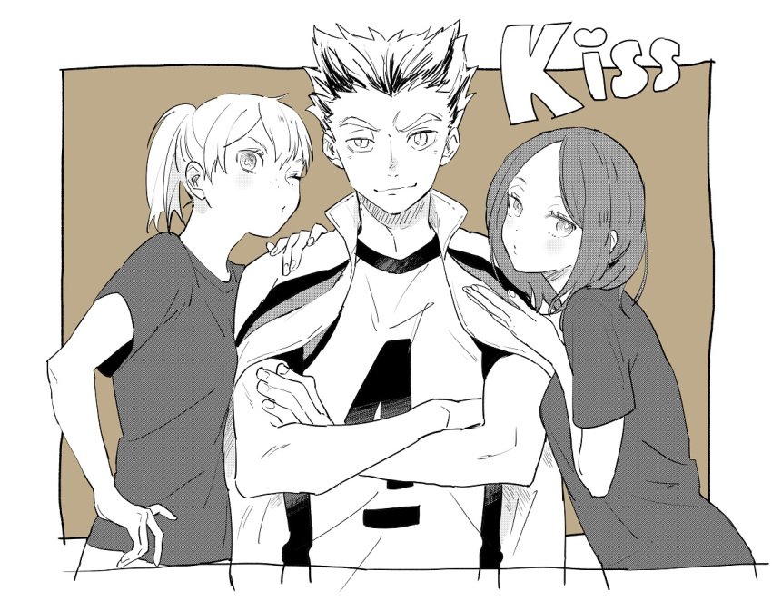 1boy, 2girls, blown_kiss, blush, bokuto_koutarou, border, brown_background, bunko_(pixiv23590110), crossed_arms, english_text, eyebrows, eyelashes, haikyuu!!, jacket, jacket_on_shoulders, long_hair, looking_at_viewer, monochrome, multicolored_hair, multiple_girls, o3o, one_eye_closed, ponytail, puckered_lips, shirofuku_yukie, shirt, short_hair, short_sleeves, smile, sportswear, standing, suzumeda_kaori, track_jacket, two-tone_hair, upper_body, volleyball_uniform