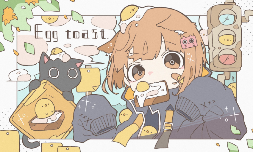 1girl, animal_ears, bandaid, bandaid_on_face, bangs, black_jacket, bocha_2_2, borrowed_character, brown_hair, cat_ears, clouds, egg_toast_girl_(haru57928031), eyebrows_visible_through_hair, fried_egg, fried_egg_on_toast, highres, jacket, leaf, looking_at_viewer, mouth_hold, original, plant, short_hair, sign, sleeves_past_fingers, sleeves_past_wrists, solo, traffic_light, upper_body
