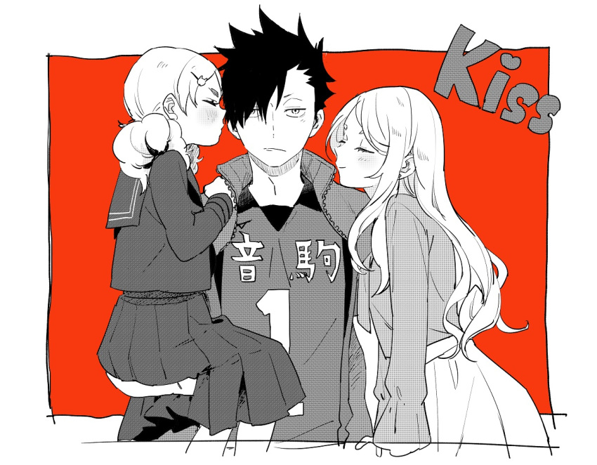 1girl, 2girls, age_difference, bangs, black_hair, blouse, blush, border, bunko_(pixiv23590110), carrying, closed_eyes, embarrassed, english_text, eyebrows, eyelashes, haiba_arisa, haikyuu!!, hair_ornament, hairclip, jacket, jacket_on_shoulders, kiss, kuroo_tetsurou, lips, long_hair, long_sleeves, monochrome, multiple_girls, puckered_lips, red_background, school_uniform, shirt, short_hair, skirt, spiky_hair, sportswear, standing, tiptoe_kiss, tiptoes, track_jacket, twintails, upper_body, volleyball_uniform, yamamoto_akane