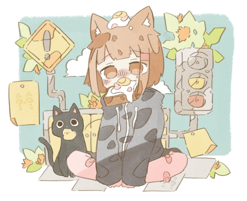 !, 1girl, animal_ears, bangs, black_cat, black_hoodie, blush, bocha_2_2, borrowed_character, brown_hair, cat, cat_ears, clouds, drawstring, egg_toast_girl_(haru57928031), eyebrows_visible_through_hair, eyes_visible_through_hair, food, food_on_head, fried_egg, fried_egg_on_toast, hood, hoodie, leaf, long_sleeves, mouth_hold, object_on_head, original, paper, plant, short_hair, sign, sitting, solo, traffic_light