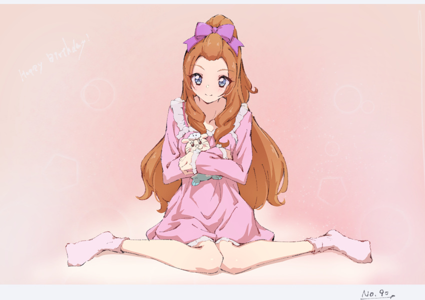 1girl, absurdres, aikatsu!, aikatsu!_(series), bangs_pinned_back, blue_eyes, blurry, bokeh, bow, character_doll, closed_mouth, commentary, depth_of_field, doll, doll_hug, dress, drill_hair, embarrassed, english_text, eyebrows_visible_through_hair, eyes_visible_through_hair, forehead, frilled_dress, frills, full_body, giep4869, gradient, gradient_background, hair_bow, hair_over_shoulder, happy_birthday, highres, holding, holding_doll, knees_together_feet_apart, letterboxed, long_hair, looking_away, oozorakko_(aikatsu!), orange_hair, otter, pajamas, pink_background, pink_dress, pink_pajamas, purple_bow, saionji_tsubaki, simple_background, sitting, sleepwear, socks, solo, stuffed_toy, twin_drills, white_legwear