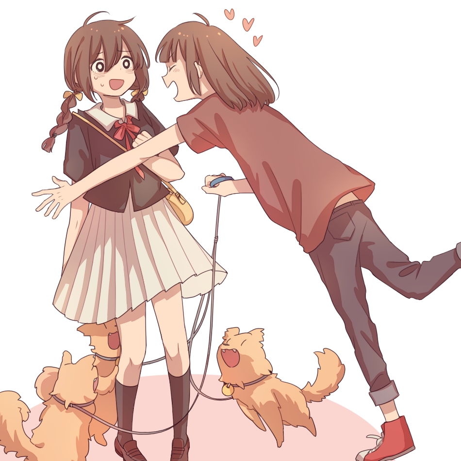 2girls, braid, brown_hair, dog, hair_between_eyes, heart, imminent_hug, inuko_(ink0425)