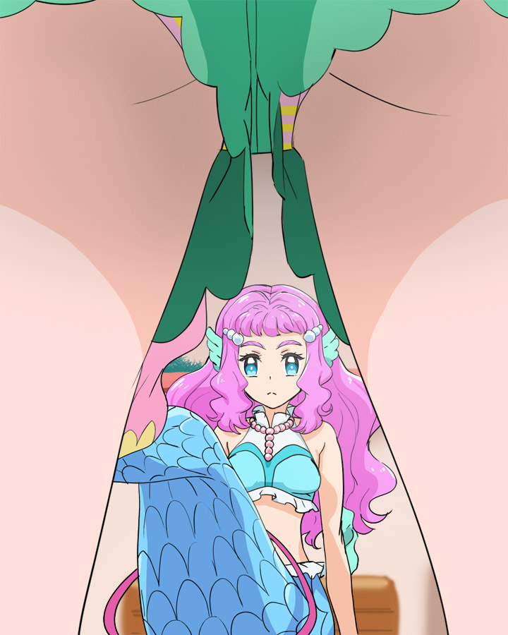 2girls, blue_eyes, closed_mouth, fins, green_shorts, haruyama_kazunori, head_fins, laura_la_mer
