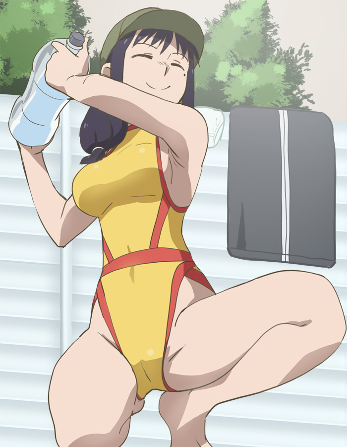 1girl, black_hair, bottle, breasts, closed_eyes, closed_mouth, green_headwear, haruyama_kazunori, hat, highleg, highleg_swimsuit, holding, holding_bottle, houkago_teibou_nisshi, kneeling, kotani_sayaka, medium_breasts, mole, mole_under_eye, one-piece_swimsuit, short_hair, sideboob, smile, solo, swimsuit, thighs, yellow_swimsuit