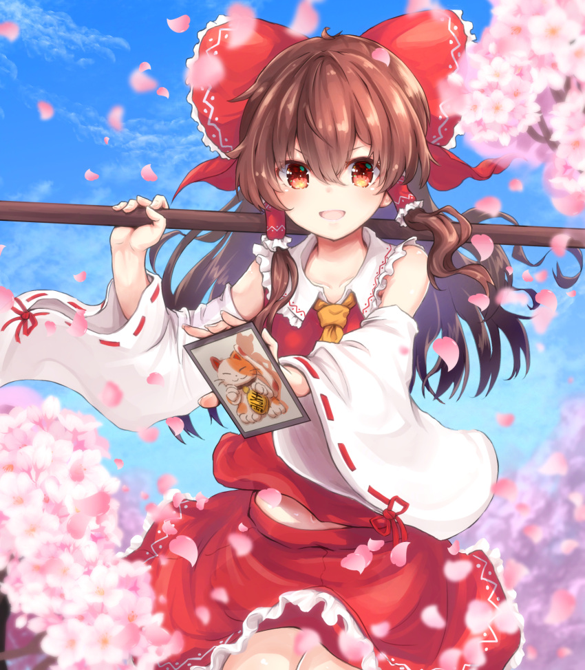 1girl, :d, ahoge, ascot, bare_shoulders, blurry, blush, bow