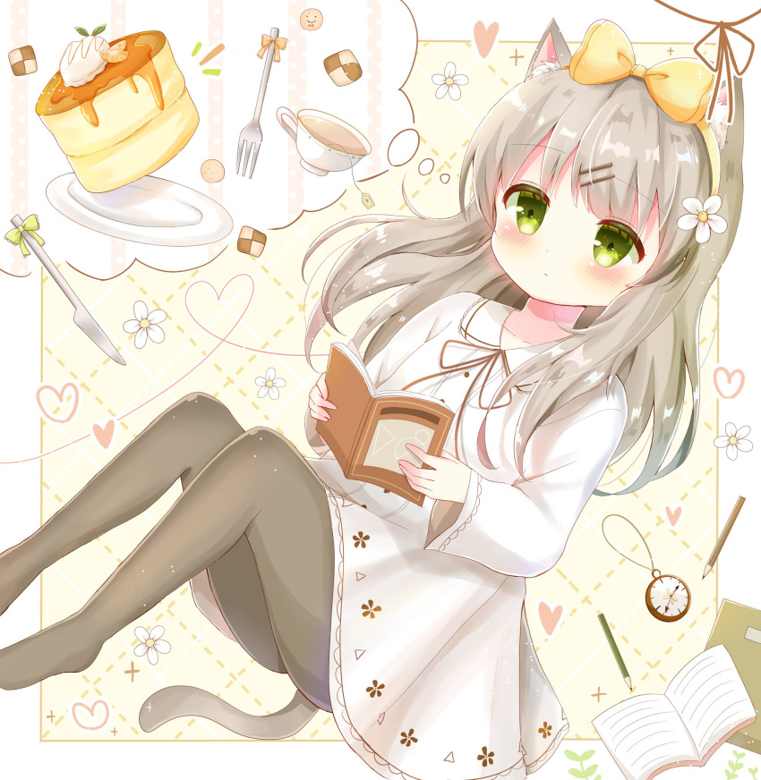 1girl, animal_ear_fluff, animal_ears, book, bow, cat_ears, cat_girl, cat_tail