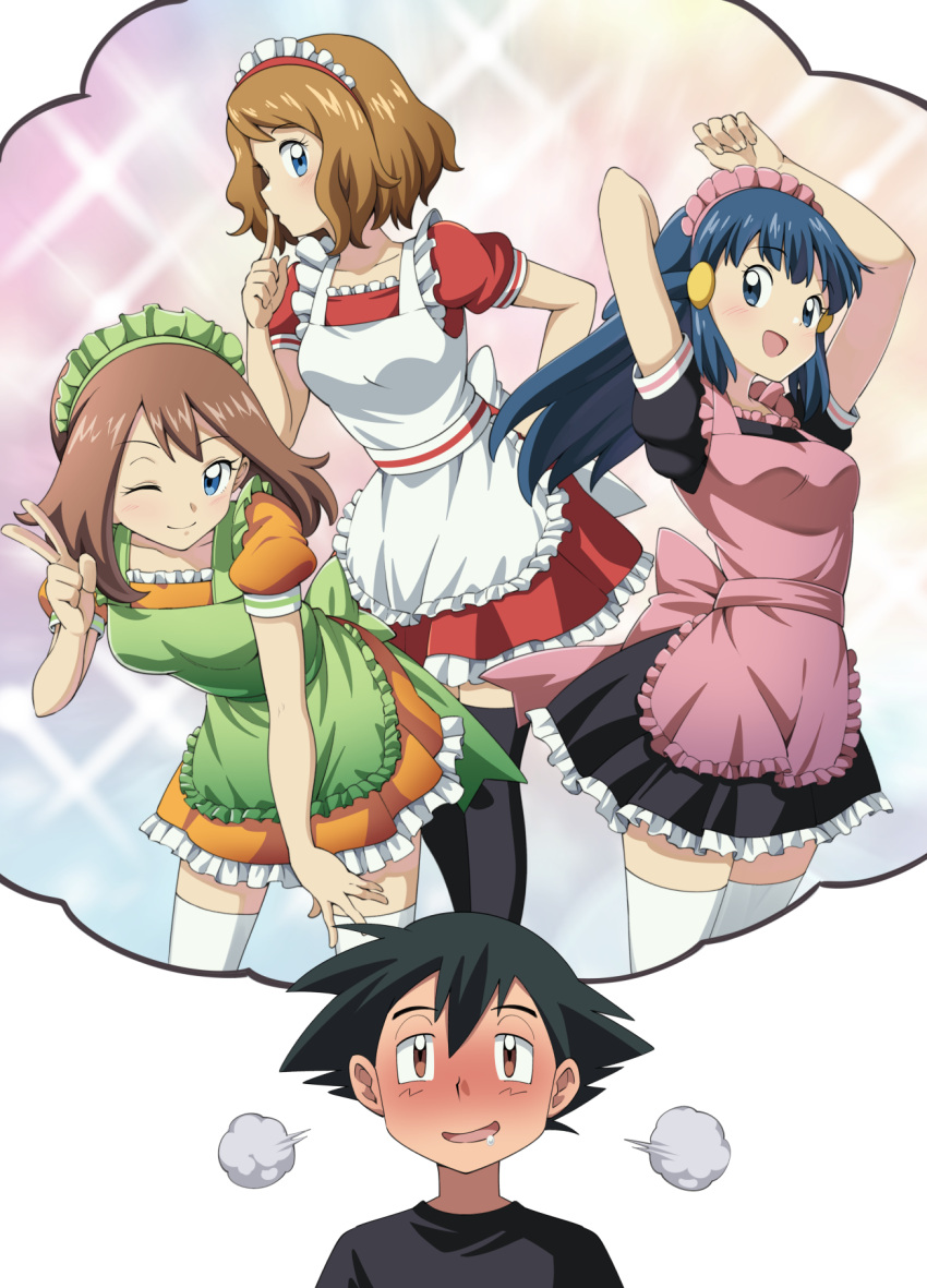 1boy, 3girls, ;), alternate_costume, apron, ash_ketchum, bangs, black_dress