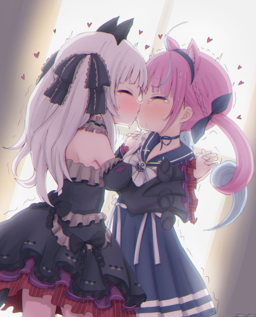 2girls, absurdres, ahoge, anchor_symbol, animal_ears, armpit_crease, backlighting, bangs, black_dress, black_sleeves, blue_dress, blue_hair, blue_ribbon, blunt_bangs, blush, bow, bowtie, braid, cat_ears, cat_girl, choker, closed_eyes, colored_inner_hair, commentary, cowboy_shot, detached_sleeves, dress, dutch_angle, face-to-face, french_braid, frilled_choker, frilled_dress, frilled_ribbon, frills, from_side, hair_ribbon, hairband, heart, highres, holding_hands, hololive, interlocked_fingers, juliet_sleeves, kiss, layered_dress, long_hair, long_sleeves, looking_at_another, minato_aqua, multicolored_hair, multiple_girls, murasaki_shion, official_alternate_costume, pink_hair, puffy_sleeves, purple_hair, ribbon, sailor_collar, short_eyebrows, sidelocks, silver_hair, sleeveless, sleeveless_dress, strapless, strapless_dress, streaked_hair, sweatdrop, takatsurt, tears, tied_hair, trembling, twintails, two-tone_hair, virtual_youtuber, wide_sleeves, window, yuri