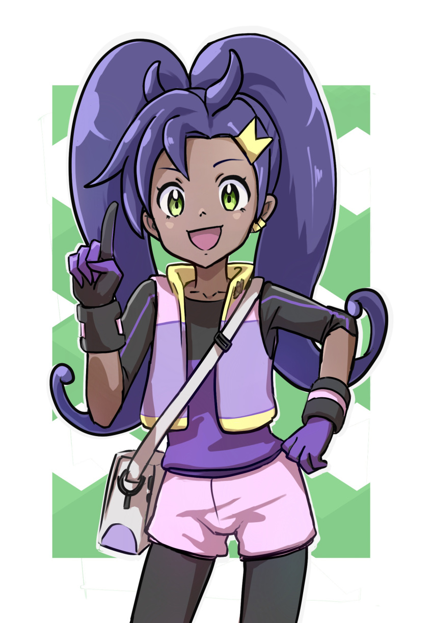 1girl, :d, bag, bangs, black_legwear, collarbone, commentary_request, cowboy_shot