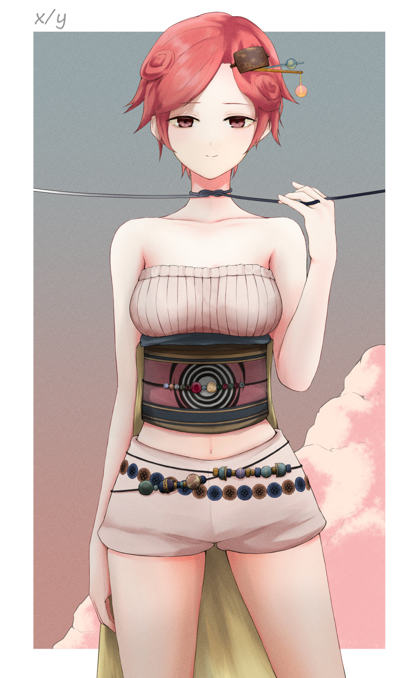 1girl, absurdres, aoii_mikoko, bare_shoulders, breasts, brown_eyes, choker, clouds