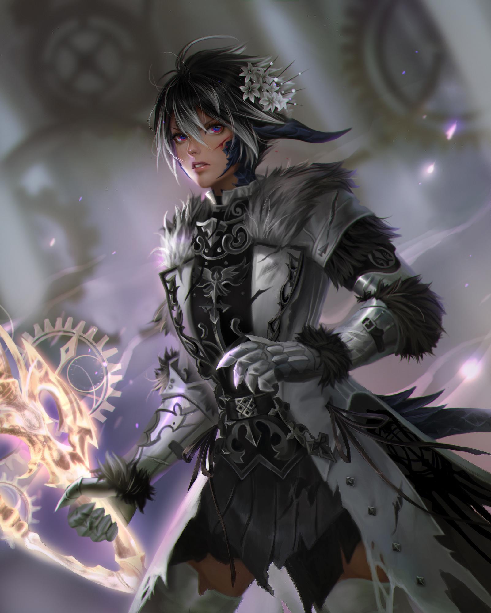 1girl, au_ra, black_hair, black_horns, blood, blood_on_face, blurry, blurry_background, commission, cowboy_shot, dragon_horns, dragon_tail, final_fantasy, final_fantasy_xiv, flower, fur_collar, gauntlets, gunbreaker_(final_fantasy), hair_flower, hair_ornament, highres, holding, holding_weapon, horns, injury, lianeige, lips, looking_at_viewer, multicolored, multicolored_eyes, multicolored_hair, scales, second-party_source, short_hair, solo, tail, thigh-highs, torn_clothes, two-tone_hair, weapon