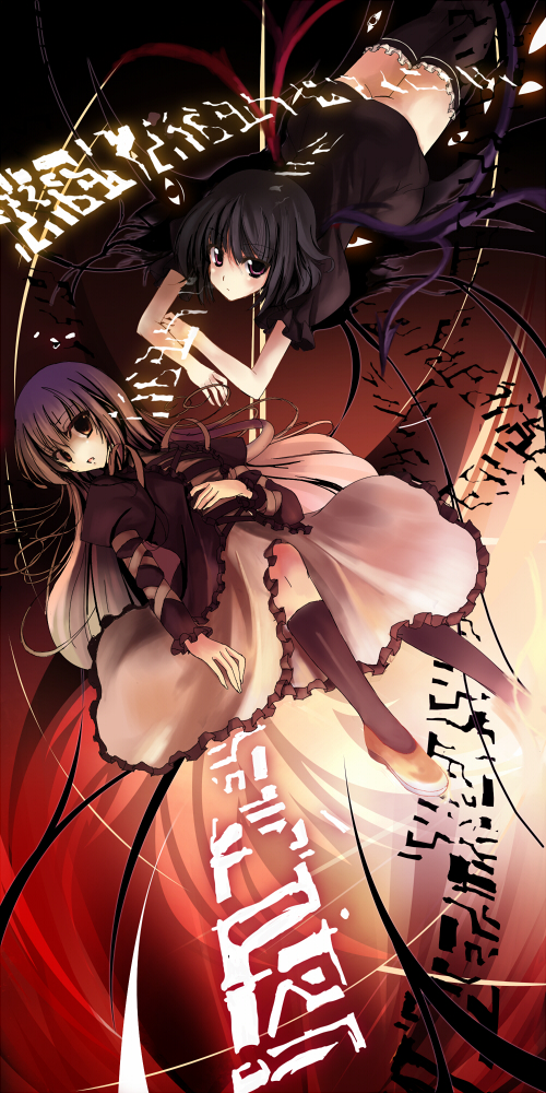 azuma_kurume, black_hair, black_legwear, black_thighhighs, dress, gradient_hair, hijiri_byakuren, houjuu_nue