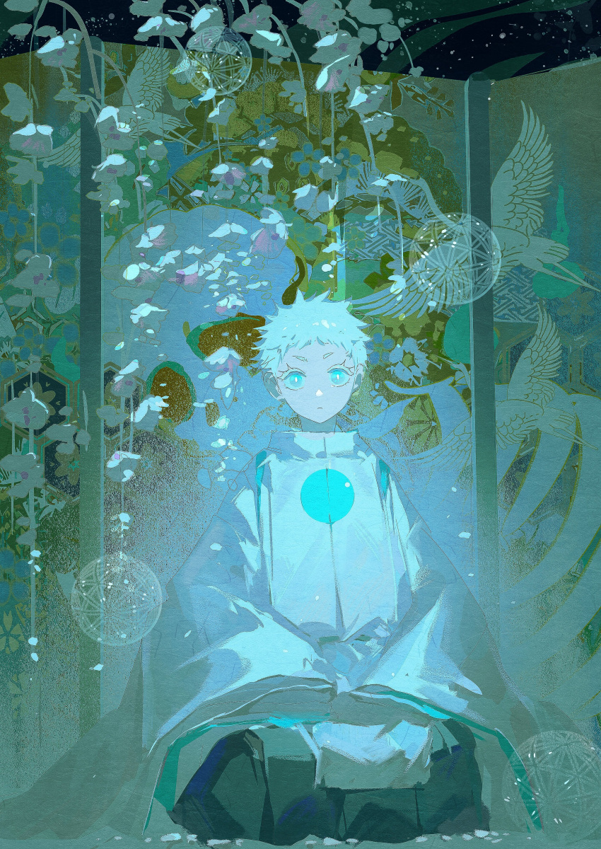 1boy, absurdres, alternate_costume, animal_print, bird_print, blue_eyes, bright_pupils, expressionless, eyelashes, floral_background, folding_screen, gesshi_(x2mciyellrzrhg1), gojou_satoru, hakama, high_collar, highres, japanese_clothes, jujutsu_kaisen, kariginu, long_sleeves, looking_at_viewer, male_focus, petals, short_hair, sitting, skeleton_print, sleeves_past_fingers, sleeves_past_wrists, slit_pupils, solo, white_hair, white_pupils, wide_sleeves, younger