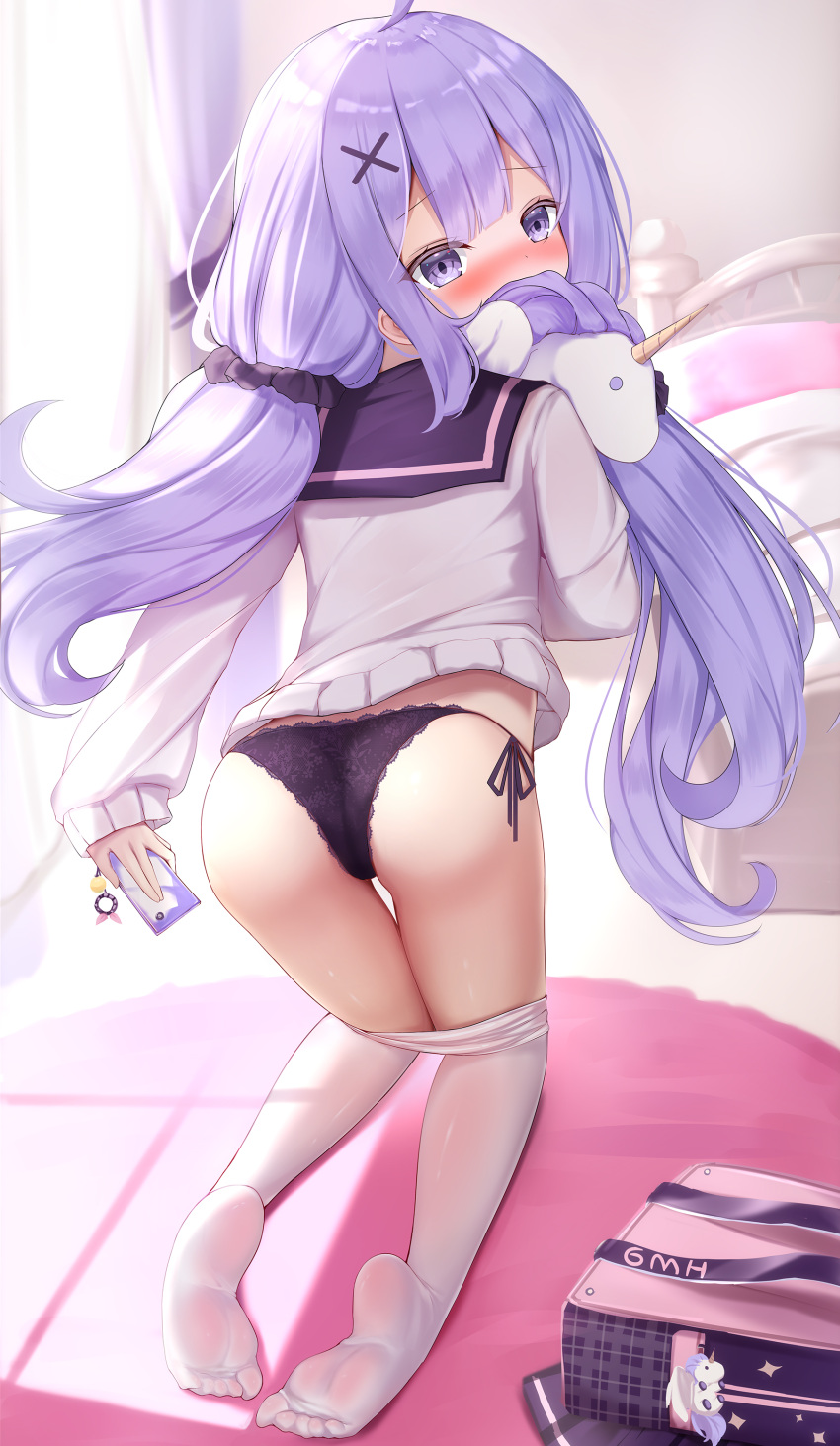 1girl, absurdres, ahoge, ass, azur_lane, bag, bangs, bed, bed_sheet, bedroom, black_panties, blunt_bangs, blurry, blush, cellphone, commentary_request, covering_mouth, dappled_sunlight, depth_of_field, doll_hug, eyebrows_visible_through_hair, eyes_visible_through_hair, from_behind, hair_ornament, hair_tubes, highres, holding, holding_phone, irokari, long_hair, looking_at_viewer, looking_back, low_twintails, no_shoes, on_bed, panties, pantyhose, pantyhose_removed, phone, purple_hair, school_bag, school_uniform, serafuku, side-tie_panties, sidelocks, skirt, skirt_removed, smartphone, soles, solo, stuffed_animal, stuffed_toy, stuffed_winged_unicorn, sunlight, taking_picture, twintails, underwear, unicorn_(amusement_park_date)_(azur_lane), unicorn_(azur_lane), violet_eyes, white_legwear, window, x_hair_ornament