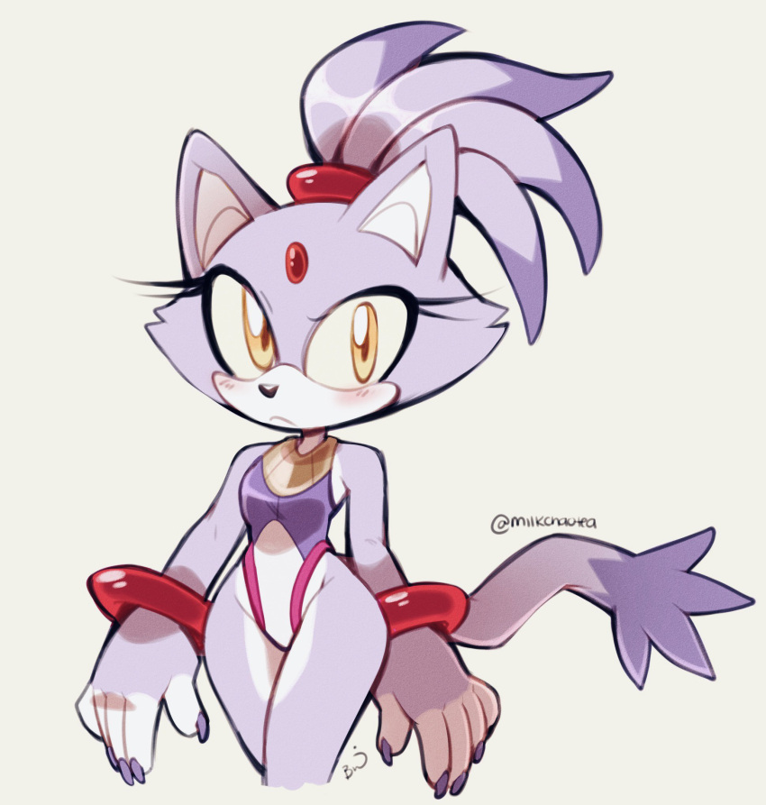 1girl, alternate_breast_size, animal_ears, artist_name, bangle, bare_shoulders, blaze_the_cat, blush, body_fur, bracelet, breasts, cat_ears, cat_girl, cat_tail, claws, commentary, cropped_legs, embarrassed, eyeliner, fingernails, flipped_hair, forehead_jewel, frown, furry, grey_background, groin, hair_tie, highleg, highres, jewelry, kaijumilk, light_blush, long_fingernails, looking_at_viewer, makeup, nail_polish, no_gloves, ponytail, purple_fur, purple_nails, raised_eyebrow, shiny, shiny_clothes, signature, simple_background, small_breasts, solo, sonic_(series), sonic_rush, symbol_commentary, tail, tied_hair, twitter_username, yellow_eyes