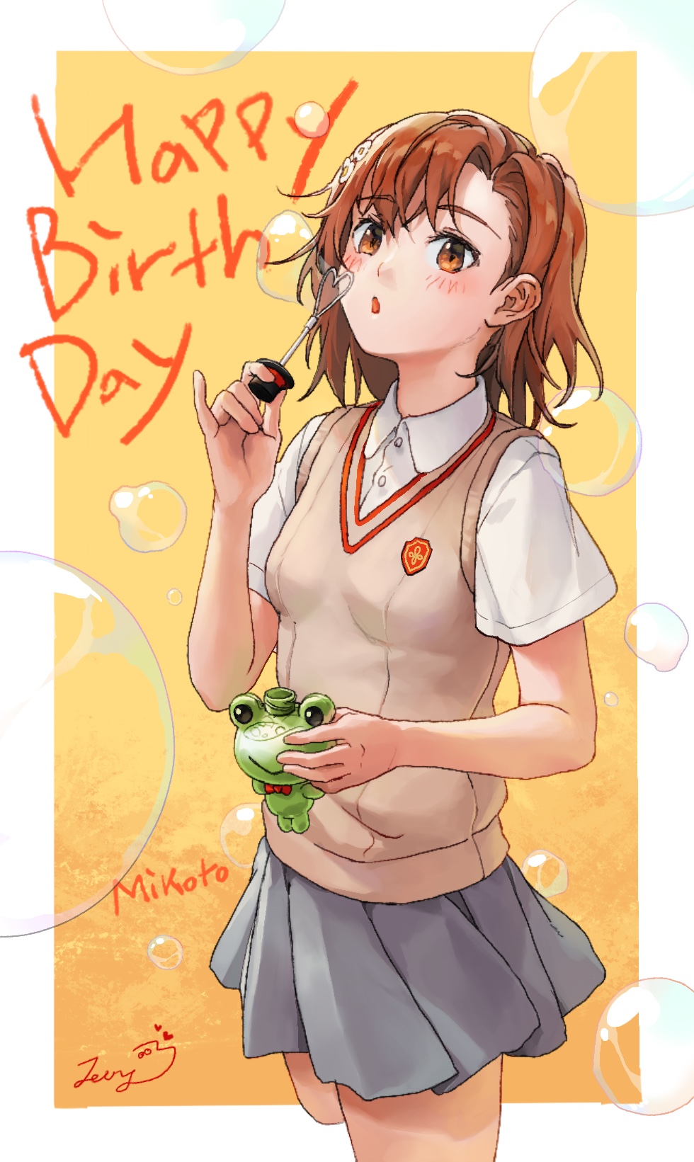 1girl, brown_eyes, brown_hair, brown_sweater_vest, bubble_blowing, gekota, hair_ornament, highres