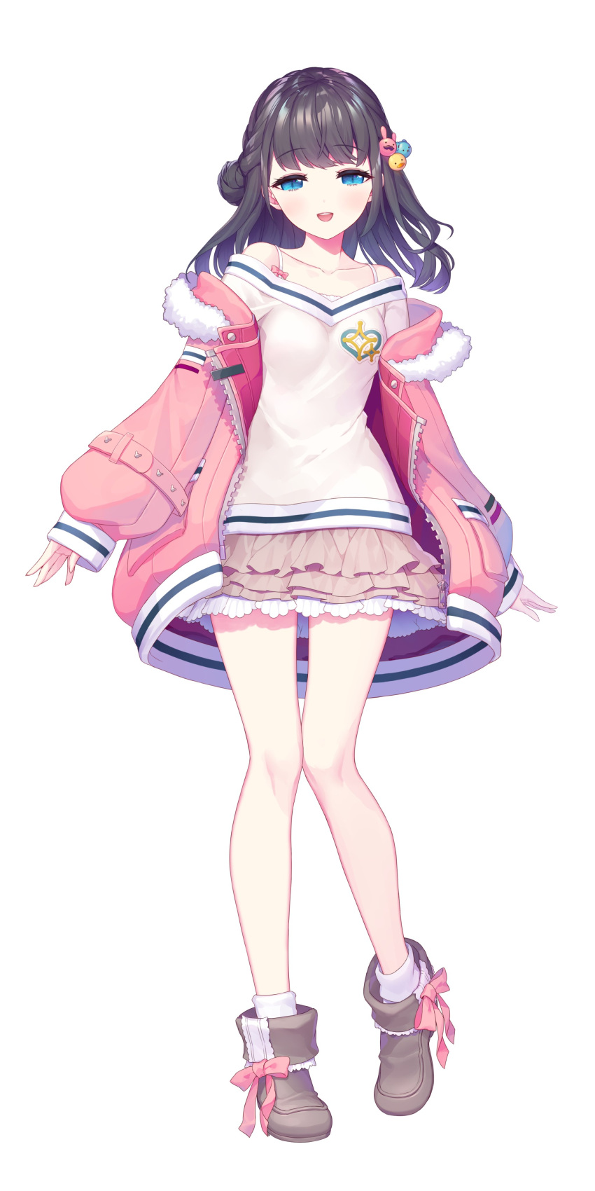 1girl, absurdres, bangs, bear_hair_ornament, beige_skirt, black_hair, blue_eyes, boots