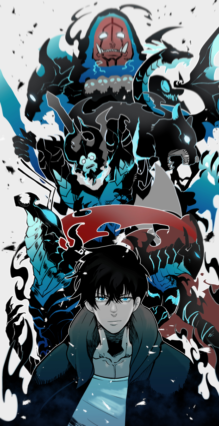 1boy, armor, bear, black_hair, blue_eyes, claws, dragon, dragon_wings, facial_mark, fangs, glowing, glowing_eyes, gradient, gradient_background, hair_between_eyes, helmet, highres, hood, hooded_sweater, horns, looking_at_viewer, onmyoenbu, orc, scales, shirt, short_hair, skull, skull_necklace, solo_leveling, sung_jin_woo, sweater, t-shirt, wings