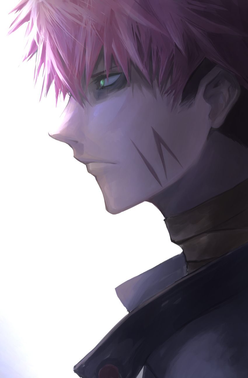 1boy, absurdres, bandaged_neck, bandages, cafe_in, from_side, gauma, glowing, glowing_eye, green_eyes, highres, jacket, looking_ahead, male_focus, pink_hair, solo, ssss.dynazenon, upper_body, white_background