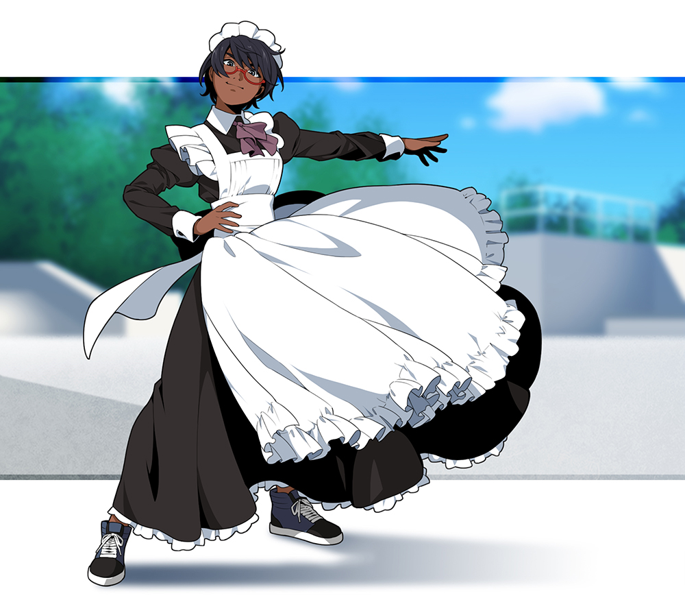 1girl, apron, black_hair, blue_sky, dark_skin, glasses, grey_eyes, long_skirt