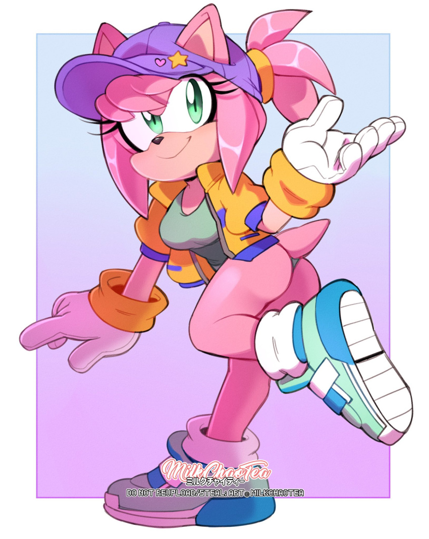 1girl, alternate_costume, alternate_hairstyle, amy_rose, animal_ears, aqua_eyes, aqua_footwear, aqua_leotard, artist_name, ass, black_choker, blue_footwear, border, breasts, choker, closed_mouth, ears_through_headwear, english_text, eyeliner, full_body, furry, gloves, gradient, gradient_background, hair_tie, happy, hat, hat_ornament, heart, hedgehog_ears, hedgehog_girl, hedgehog_tail, highres, jacket, kaijumilk, leg_up, looking_away, makeup, open_clothes, open_jacket, outside_border, pink_hair, ponytail, puffy_short_sleeves, puffy_sleeves, purple_background, purple_headwear, shoes, short_sleeves, sidelocks, simple_background, smile, sneakers, solo, sonic_(series), standing, standing_on_one_leg, star_(symbol), tail, thighs, tied_hair, white_border, white_gloves, yellow_jacket
