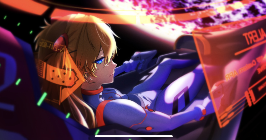 1girl, blue_eyes, breasts, brown_hair, cafe_in, cockpit, covered_navel, evangelion:_3.0+1.0_thrice_upon_a_time, from_side, glowing, glowing_eye, highres, holographic_monitor, interface_headset, looking_at_viewer, neon_genesis_evangelion, pilot_suit, planet, plugsuit, rebuild_of_evangelion, science_fiction, shikinami_asuka_langley, sitting, small_breasts, solo, souryuu_asuka_langley, two_side_up
