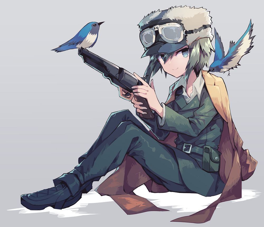 1girl, androgynous, aqua_eyes, belt, belt_pouch, bird, blue-and-white_flycatcher, brown_coat