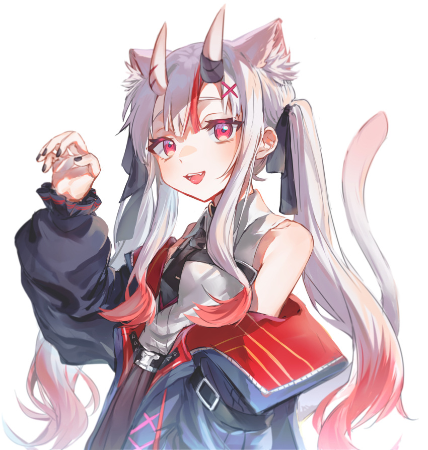 1girl, :d, absurdres, animal_ears, bangs, bare_shoulders, black_bow, black_jacket, black_nails, black_neckwear, bow, brown_skirt, cat_ears, cat_girl, cat_tail, claw_pose, collared_shirt, commentary_request, eyebrows_behind_hair, fang, hair_bow, hair_ornament, hairclip, hand_up, highres, hololive, horns, huge_filesize, jacket, kemonomimi_mode, kuukip, long_sleeves, looking_at_viewer, nail_polish, nakiri_ayame, necktie, off_shoulder, oni, oni_horns, open_clothes, open_jacket, open_mouth, pleated_skirt, puffy_long_sleeves, puffy_sleeves, red_eyes, redhead, shirt, silver_hair, simple_background, skirt, sleeveless, sleeveless_shirt, sleeves_past_wrists, smile, solo, tail, tail_raised, twintails, virtual_youtuber, white_background, white_shirt, x_hair_ornament