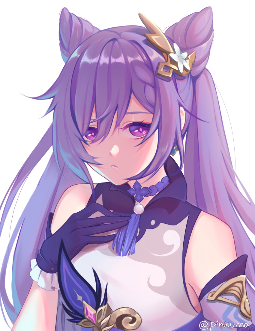 1girl, :<, absurdres, bare_shoulders, black_gloves, detached_sleeves, double_bun, genshin_impact