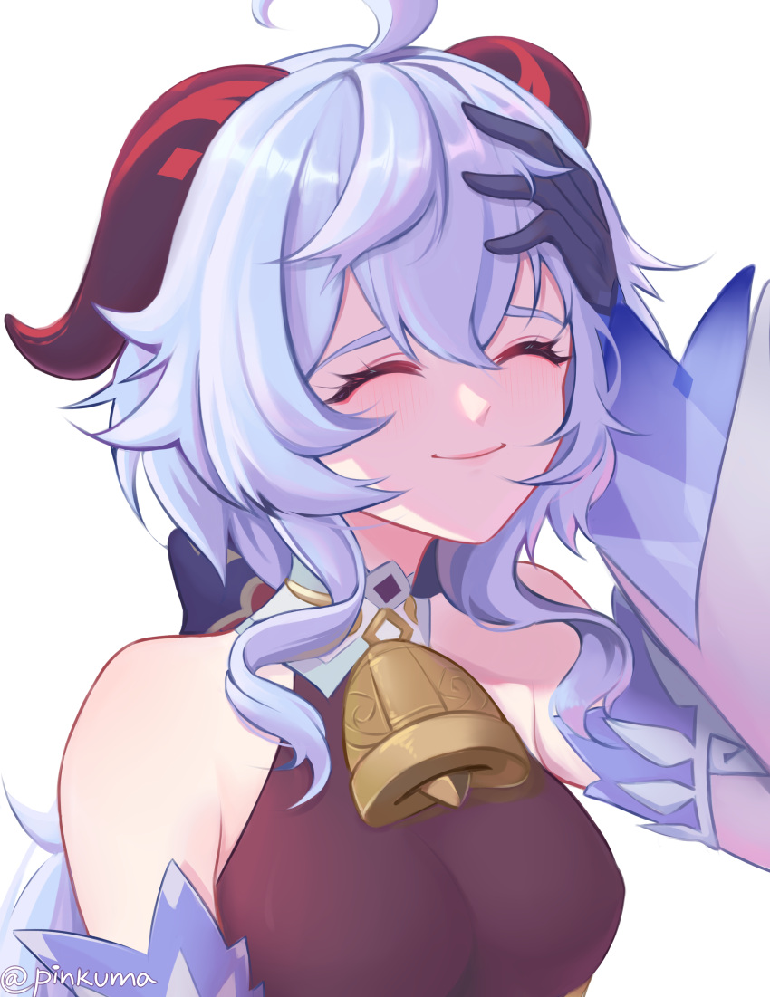 1girl, absurdres, ahoge, bell, black_gloves, blue_hair, blush, breasts