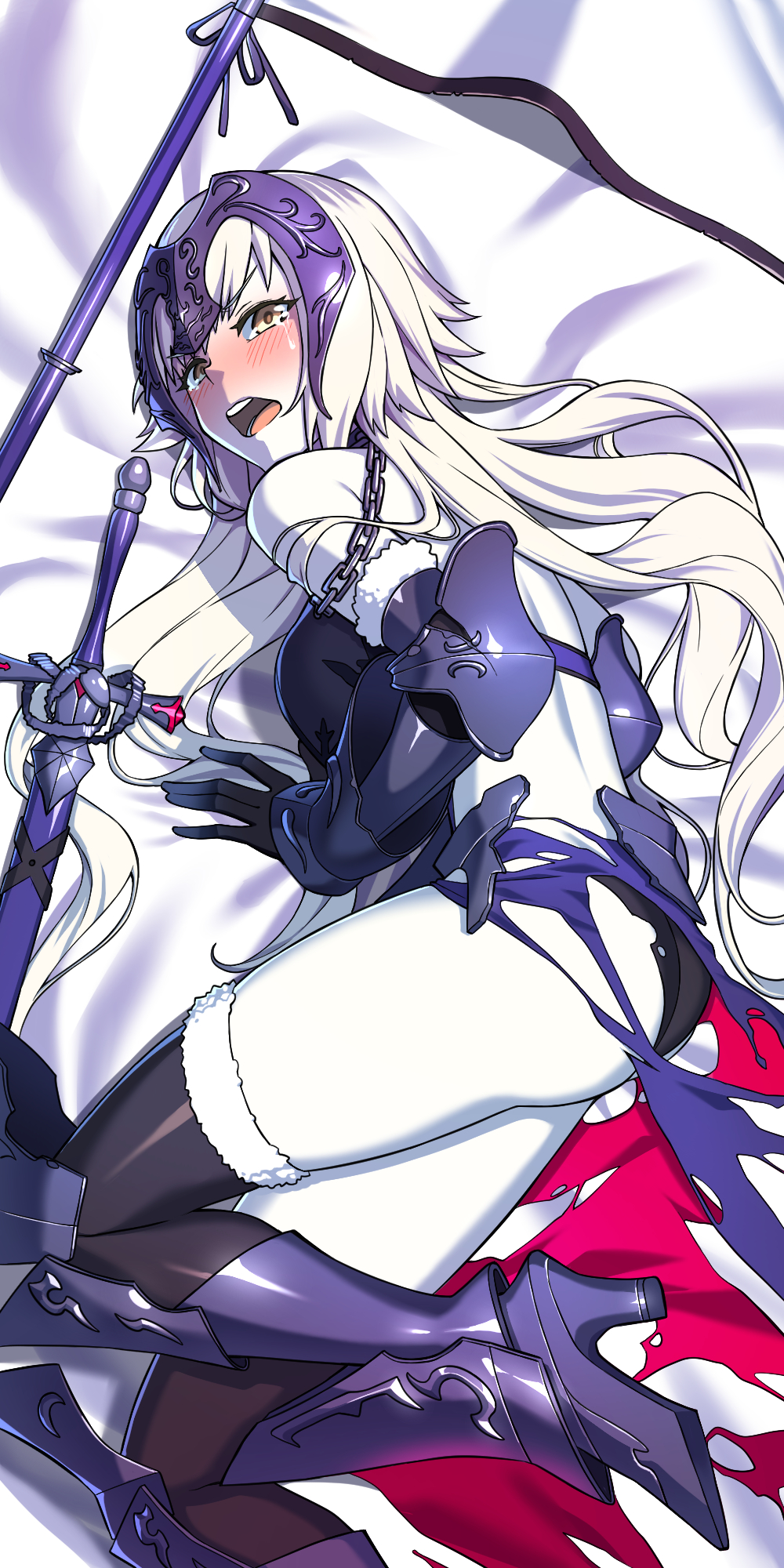 1girl, armor, armored_boots, armored_dress, bangs, bare_shoulders, black_gloves, black_legwear