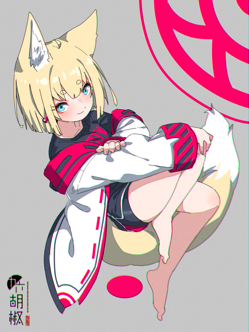 1girl, animal_ear_fluff, animal_ears, bangs, barefoot, bike_shorts, black_shirt, black_shorts