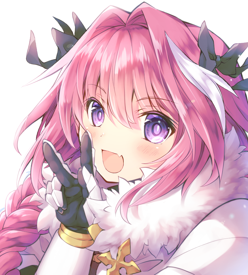 1boy, astolfo_(fate), black_gloves, blush, bow, braid, cape, eyebrows_visible_through_hair, fate/apocrypha, fate/grand_order, fate_(series), fur_trim, gauntlets, gloves, hair_bow, looking_at_viewer, male, male_focus, multicolored_hair, open_mouth, otoko_no_ko, purple_eyes, simple_background, smile, solo, streaked_hair, trap, upper_body, v, wataame106, white_background