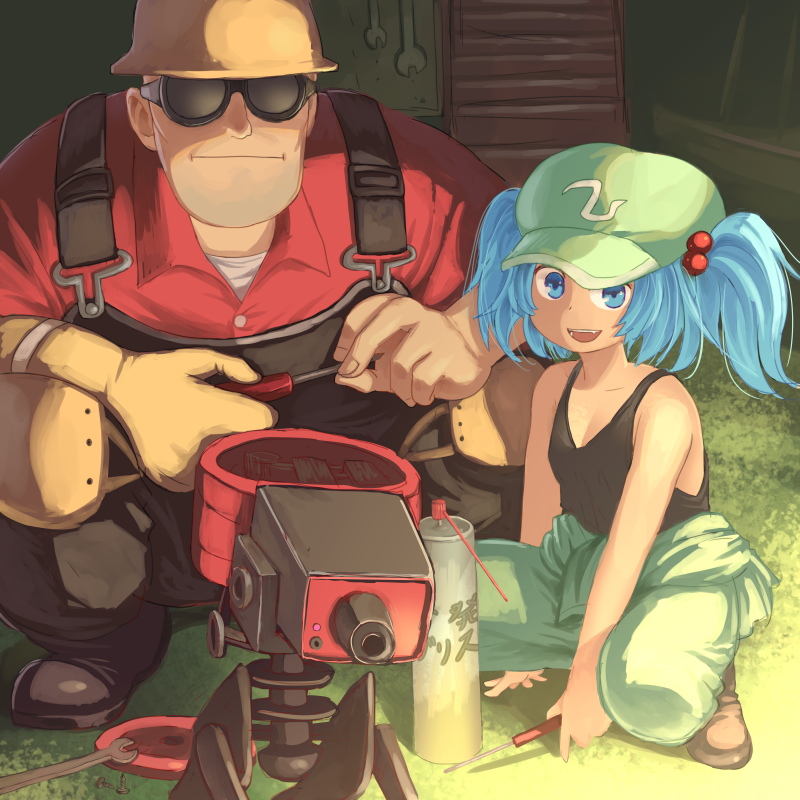 1boy, 1girl, :d, bangs, black_footwear, black_tank_top, blue_eyes, blue_hair
