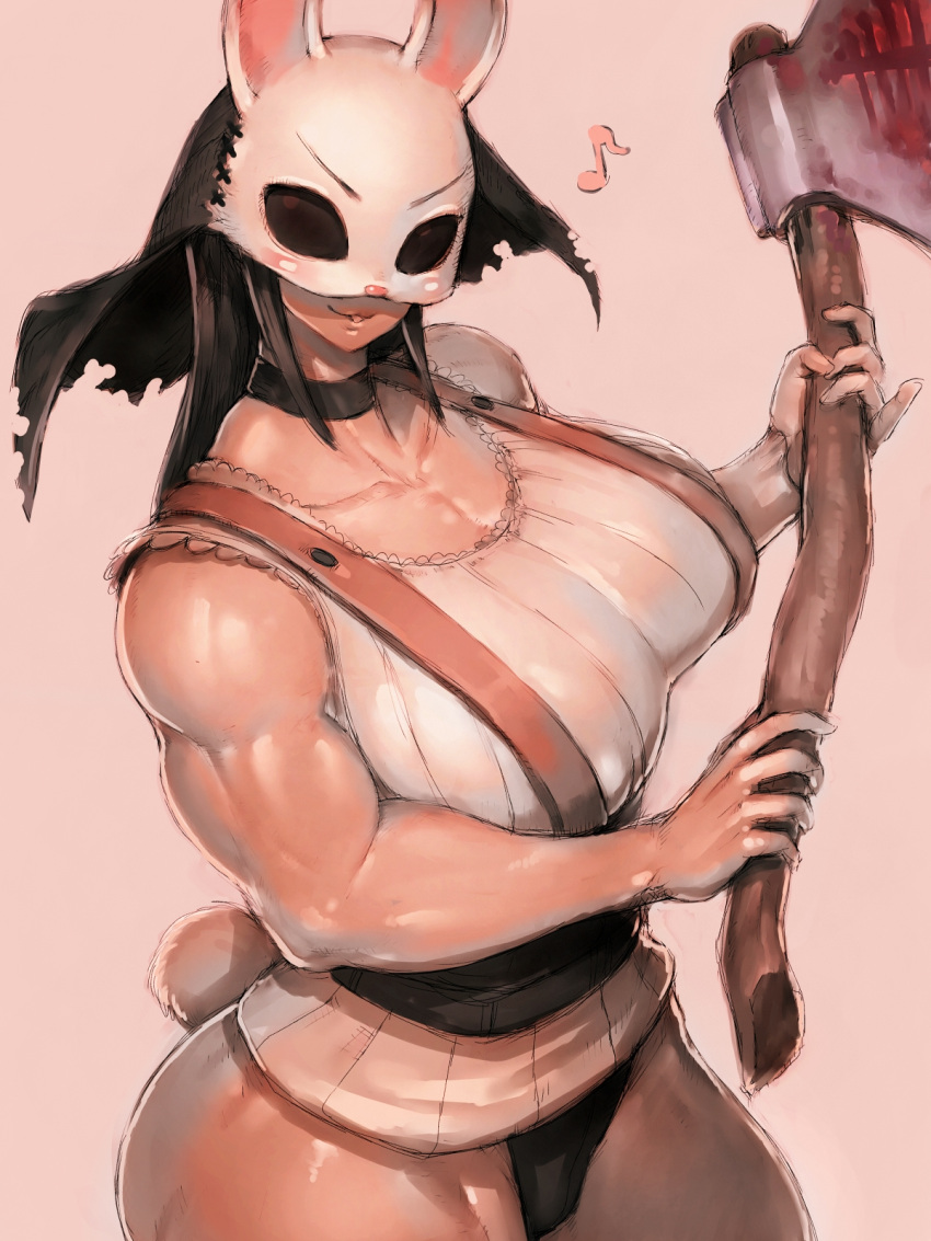 1girl, axe, breasts, bunny_mask, bunny_tail, choker, dead_by_daylight, eighth_note, fumio_(rsqkr), highres, holding, holding_axe, holding_weapon, huge_breasts, lace-trimmed_shirt, lace_trim, looking_at_viewer, mask, muscular, muscular_female, musical_note, shirt, simple_background, sleeveless, smile, solo, suspenders, tail, the_huntress_(dead_by_daylight), weapon