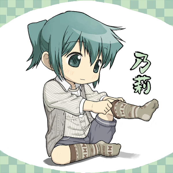 child, dressing, feet, green_eyes, green_hair, hidamari_sketch, nori, nori_(hidamari_sketch), samanda, short_hair, sock_pull, socks, twintails, young