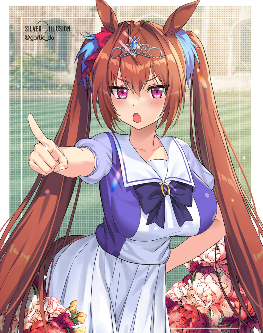 1girl, animal_ears, blush, breasts, brown_eyes, brown_hair, collarbone, daiwa_scarlet_(umamusume)